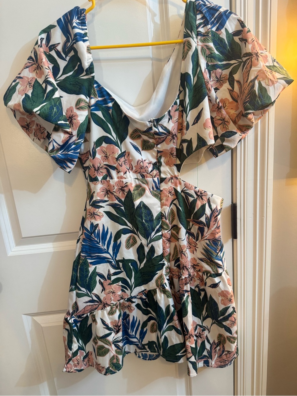 SHEIN White Floral Puff-Sleeve Mini Dress with Pink and Green Print